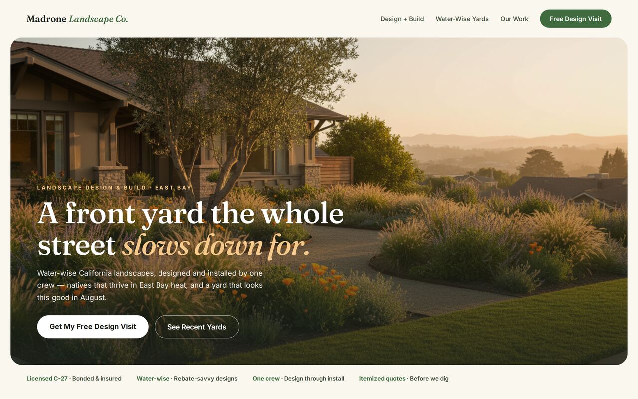 Studio concept for an East Bay landscaping company — golden-hour native front yard
