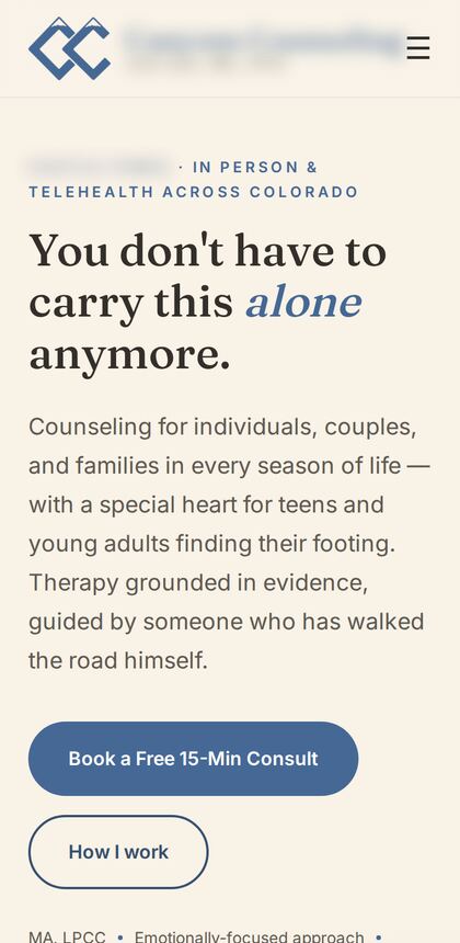 The counseling practice website on a phone