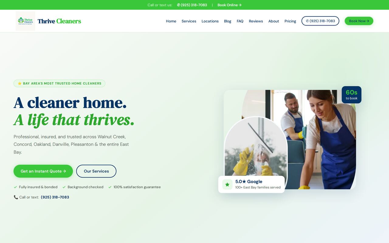 Thrive Cleaners website — bright green homepage with the headline 'A cleaner home. A life that thrives.'